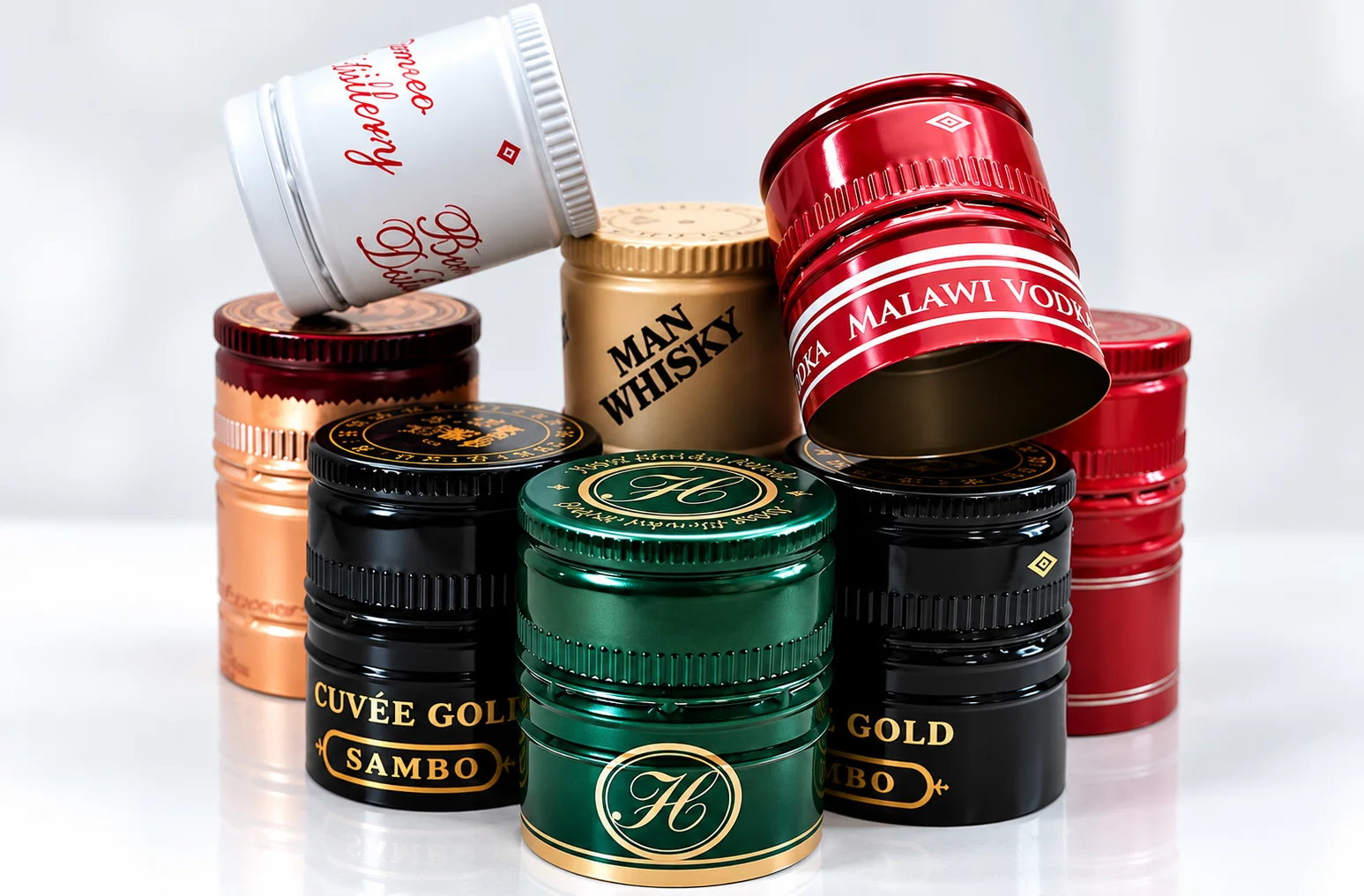 assorted spirits caps in metallic harmony